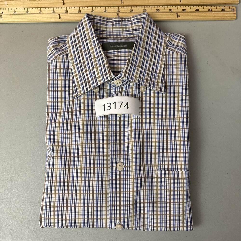 Ermenegildo Zegna Dress Shirt Mens XL Blue Brown Plaid Button Front Cotton - Picture 11 of 11